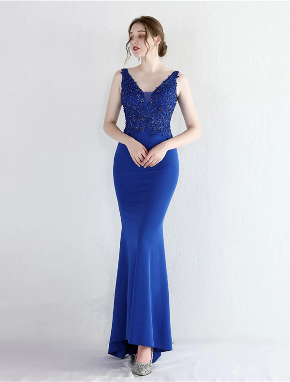 Mermaid / Trumpet Evening Gown Open Back Dress Formal Wedding Guest Sweep / Brush Train Sleeveless V Neck Cotton Blend with Beading