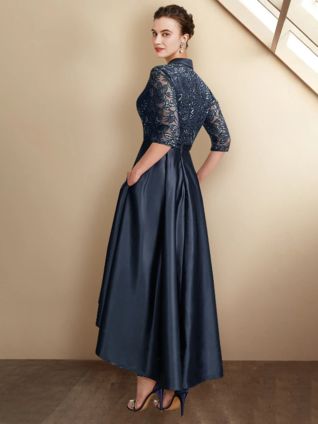 A-Line Mother of the Bride Dress Plus Size Elegant High Low Shirt Collar Asymmetrical Tea Length Satin Lace Half Sleeve with Pleats Sequin