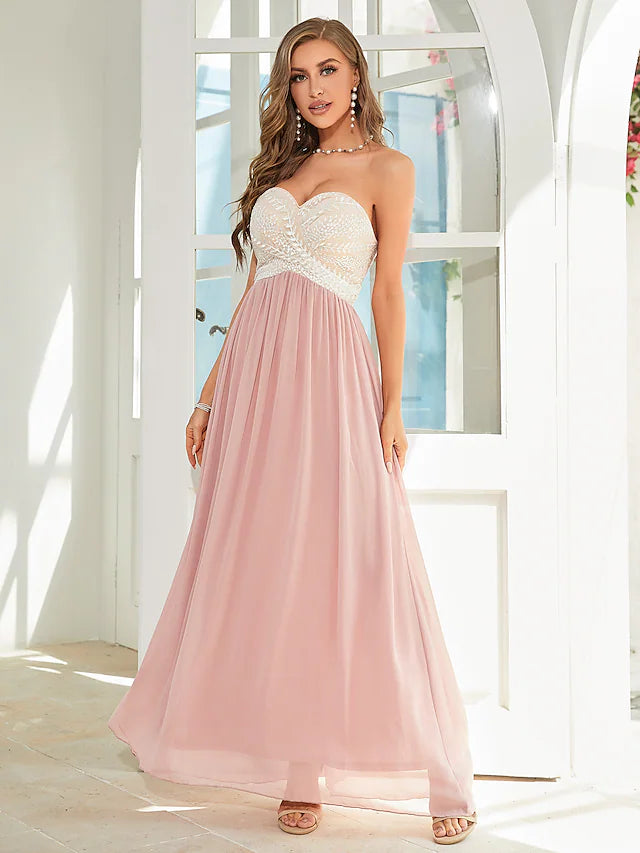 A-Line Wedding Guest Dresses Floral Dress Party Wear Ankle Length Sleeveless Strapless Chiffon Backless
