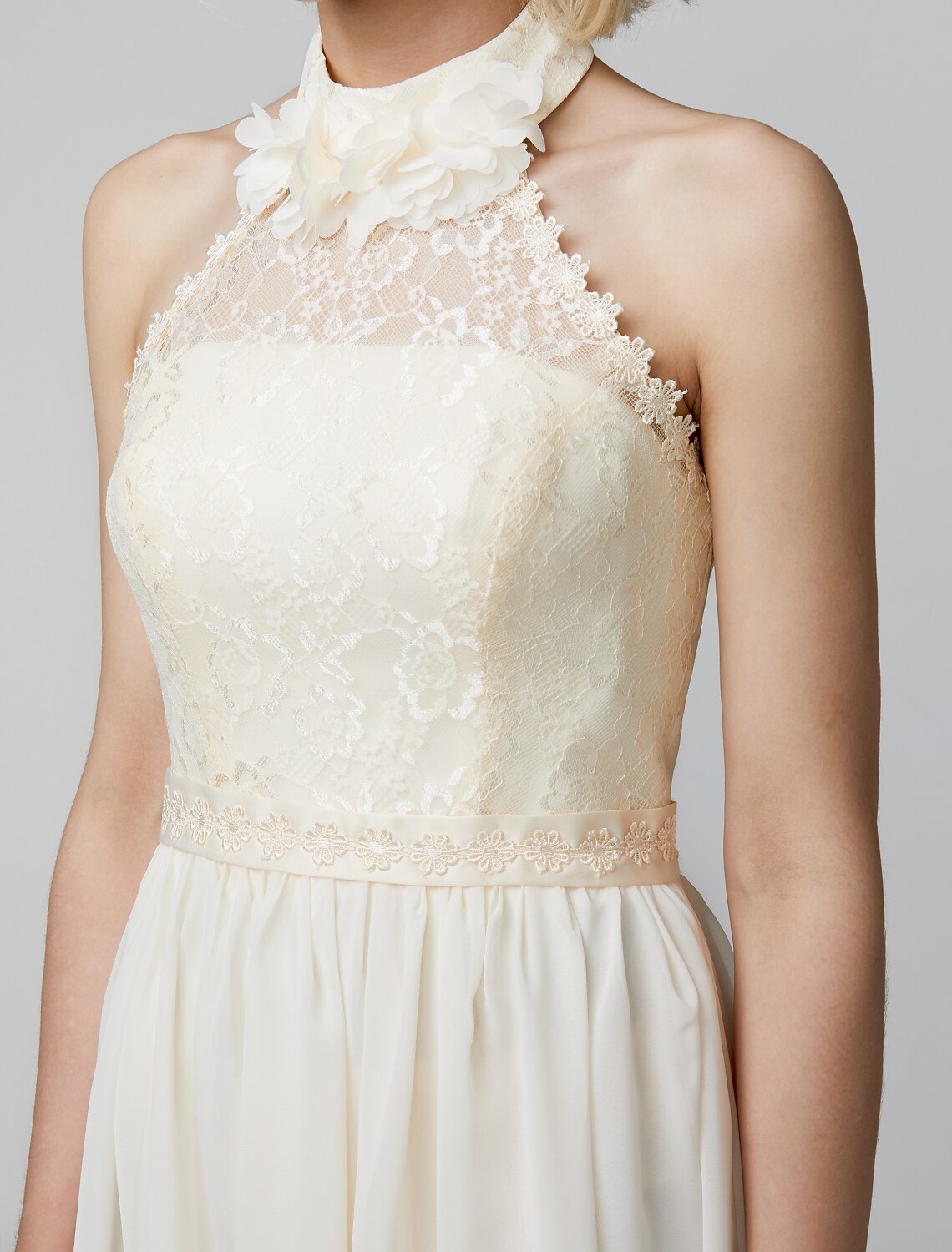 Sheath / Column High Neck Floor Length Chiffon / Lace Bodice Bridesmaid Dress with Sash / Ribbon