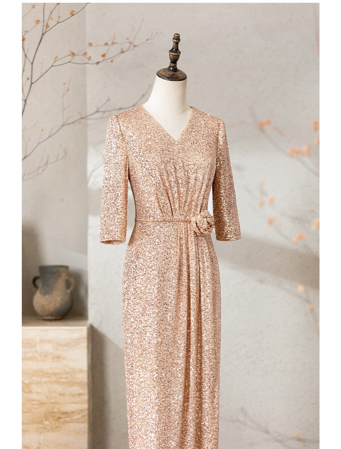 Sheath / Column Cocktail Dresses Sparkle & Shine Dress Wedding Party Floor Length Half Sleeve V Neck Sequined with Sequin