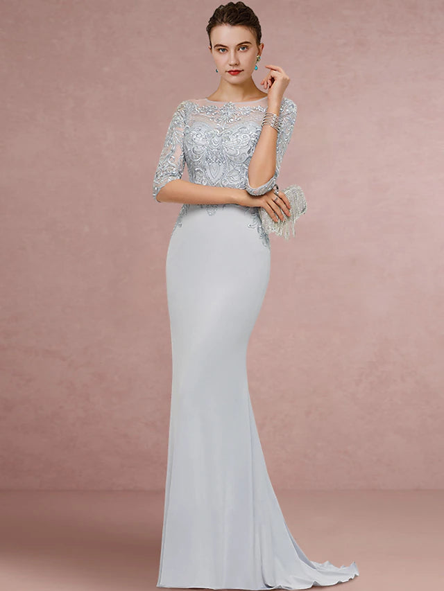 Sheath / Column Mother of the Bride Dress Wedding Guest Vintage Elegant Scoop Neck Sweep / Brush Train Chiffon Lace Half Sleeve