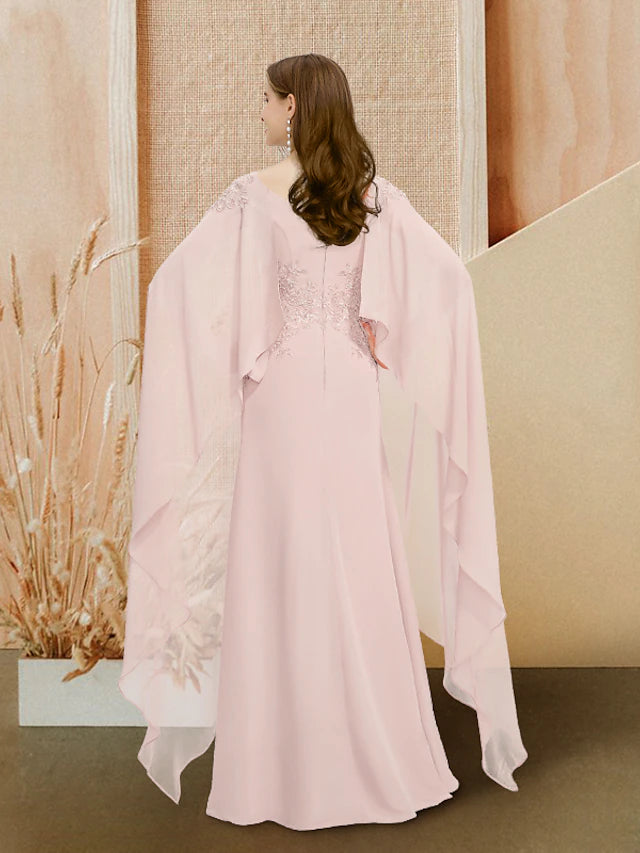 A-Line Elegant Cute Prom Formal Evening Dress V Neck Long Sleeve Floor Length Chiffon