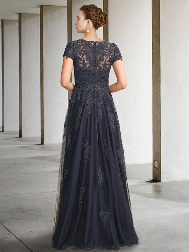 Ball Gown Mother of the Bride Dress Luxurious Elegant Jewel Neck Floor Length Lace Tulle Short Sleeve with Crystals Appliques Ball Gown Mother of the Bride Dress Luxurious Elegant Jewel Neck Floor Length Lace Tulle Short Sleeve