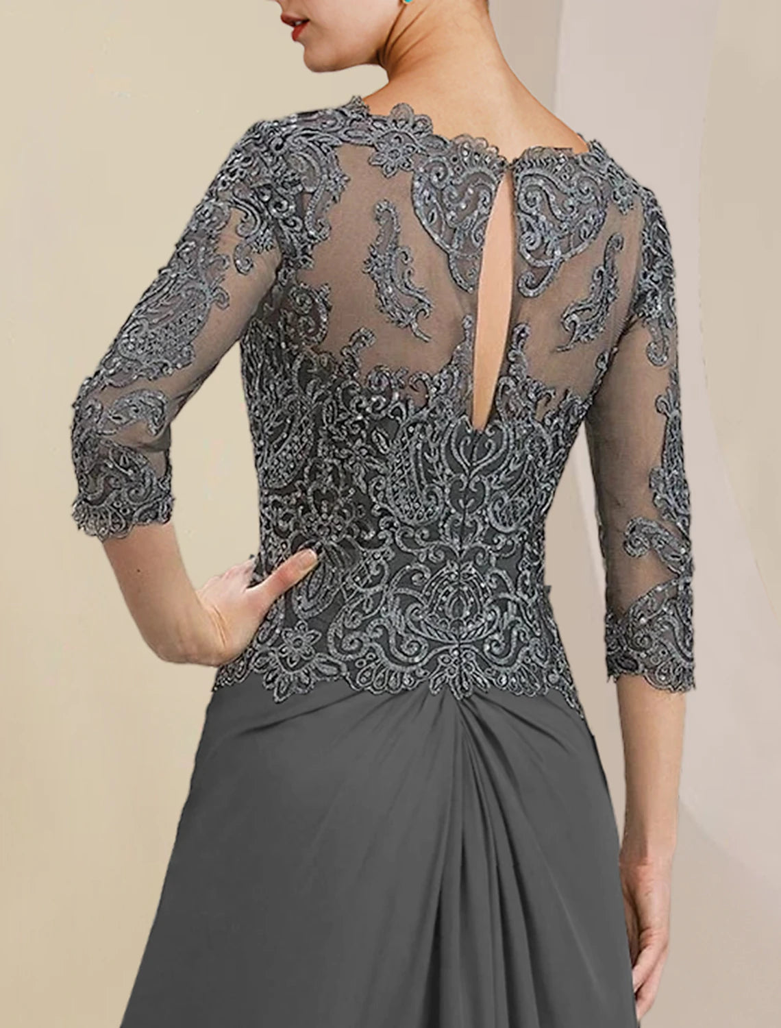 Sheath / Column Mother of the Bride Dress Formal Wedding Guest Elegant V Neck Floor Length Chiffon Lace 3/4 Length Sleeve