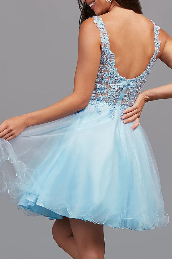 Line illusion lace decal cute Homecoming dress Short Beautiful Graduation Dress