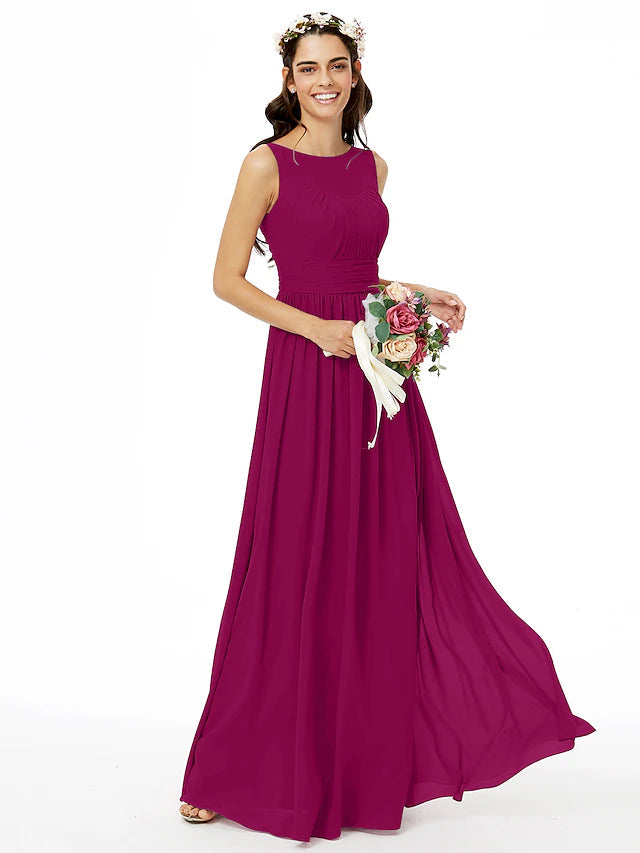A-Line Bridesmaid Dress Jewel Neck Sleeveless Open Back Floor Length Chiffon with Sash / Ribbon / Pleats