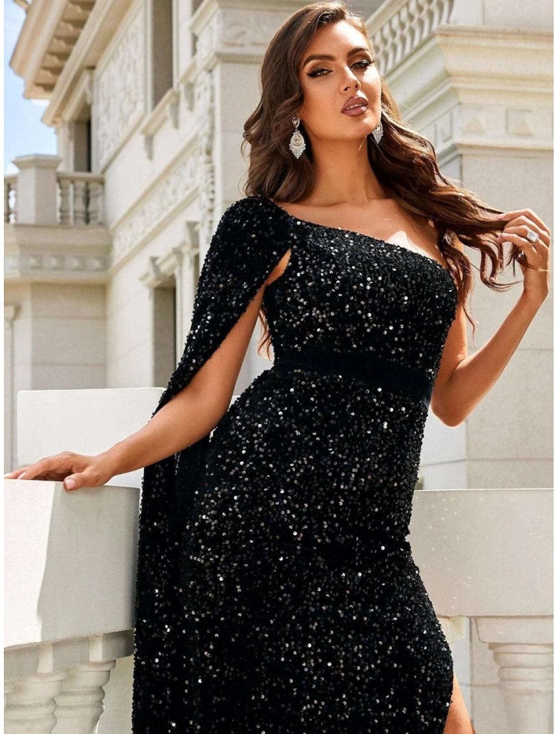 Mermaid / Trumpet Evening Gown Black Elegant Dress Formal Ankle Length Sleeveless One Shoulder Sequined