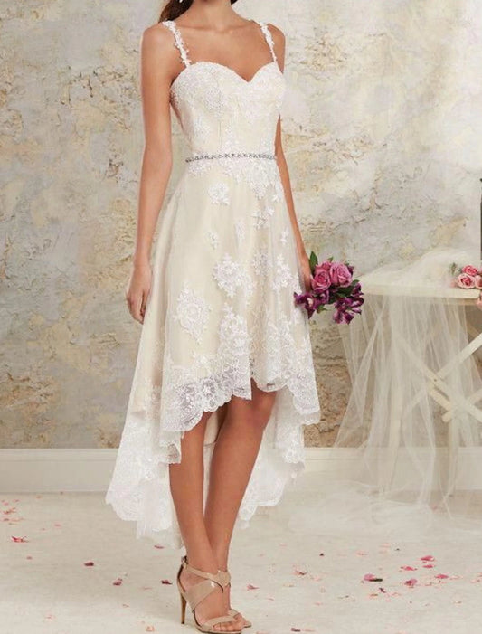 Bridal Shower Little White Dresses Boho Wedding Dresses A-Line Sweetheart Regular Straps Asymmetrical Lace Bridal Gowns With Lace