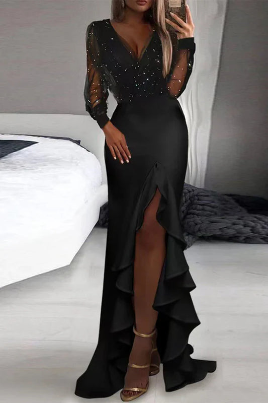 Sexy patchwork V-neck evening dress Black Floor Length With Slit