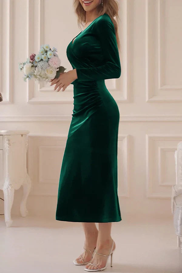 Sweet and elegant V-neck evening dress Long Sleeve Solid Color