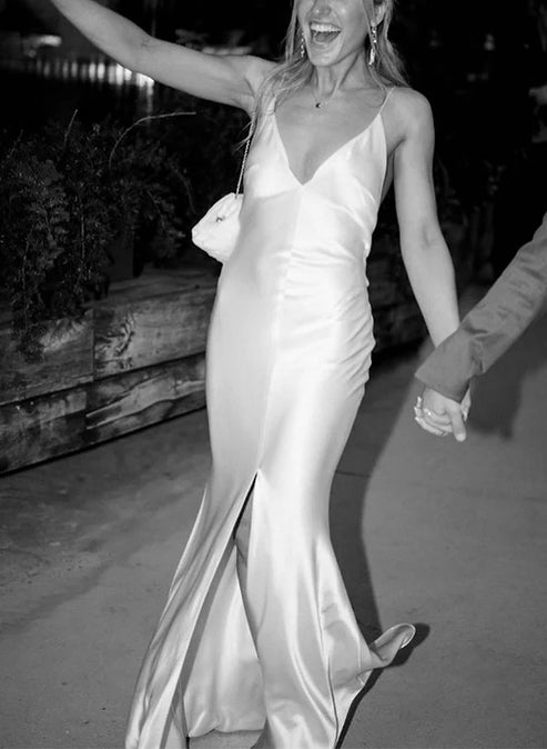 Sheath V-Neck Sleeveless Floor-Length Wedding Dresses With Slit Sexy