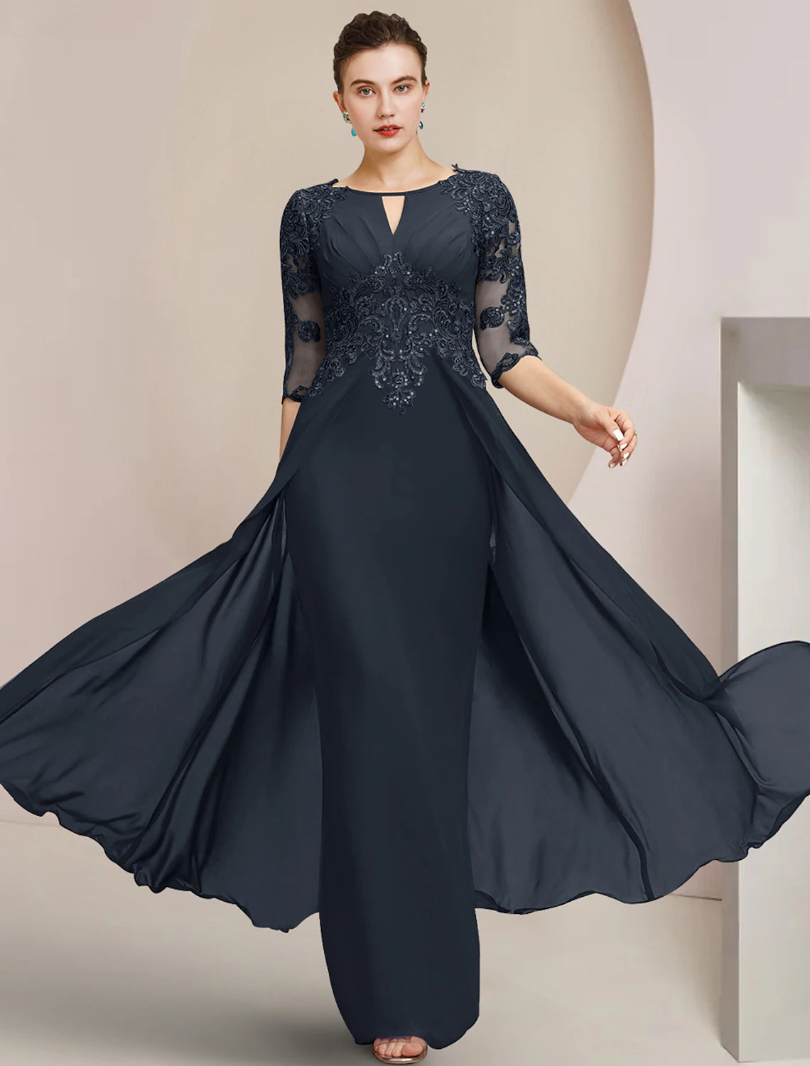 Sheath / Column Mother of the Bride Dress Formal Wedding Guest Elegant Scoop Neck Floor Length Chiffon Lace Half Sleeve with Sequin