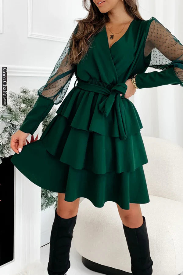Casual solid color mesh V-neck cake dress evening dress Party Dress