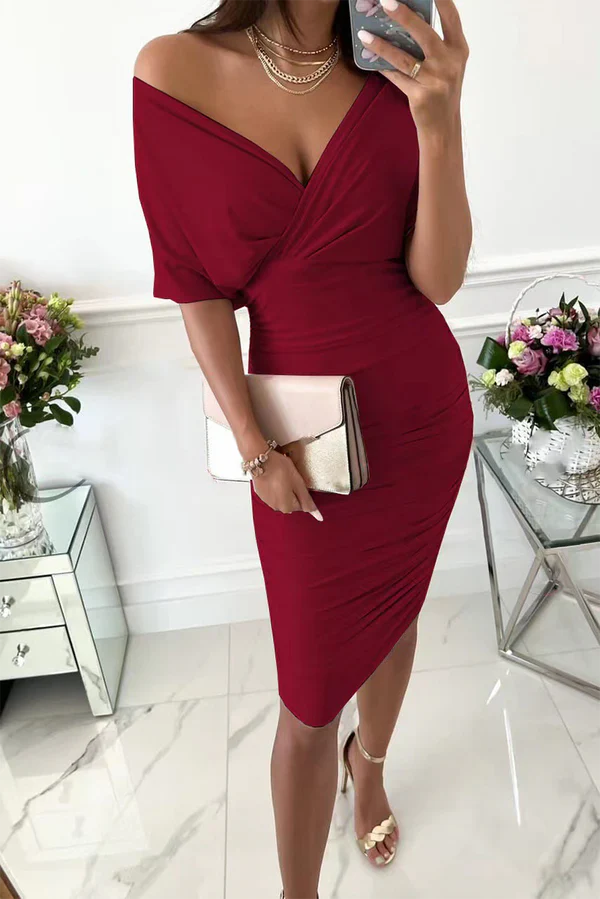 Fashionable solid color split splicing V-neck high waisted skirt for evening dress Party Dress