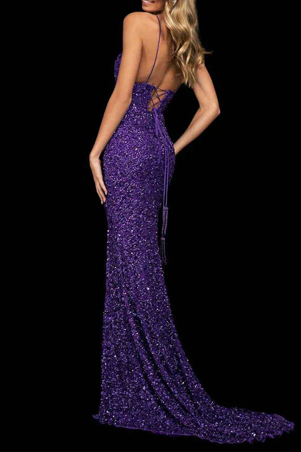 Sexy formal solid color sequin backless split V-neck evening dress Sparkly