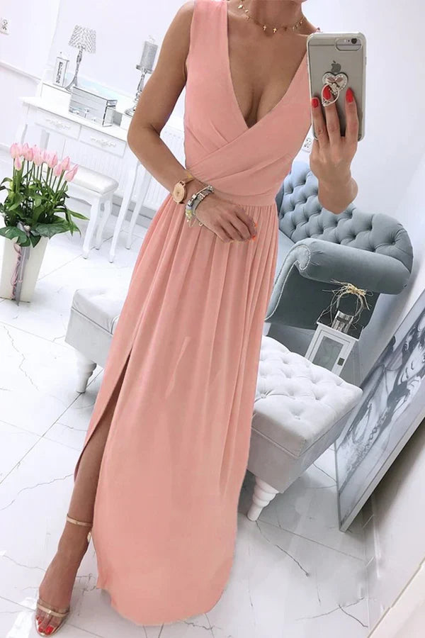 Sexy and minimalist solid color slit V-neck evening dress Party Dress
