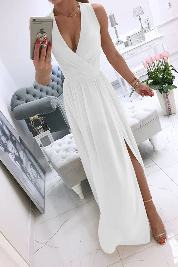 Sexy and minimalist solid color slit V-neck evening dress Party Dress