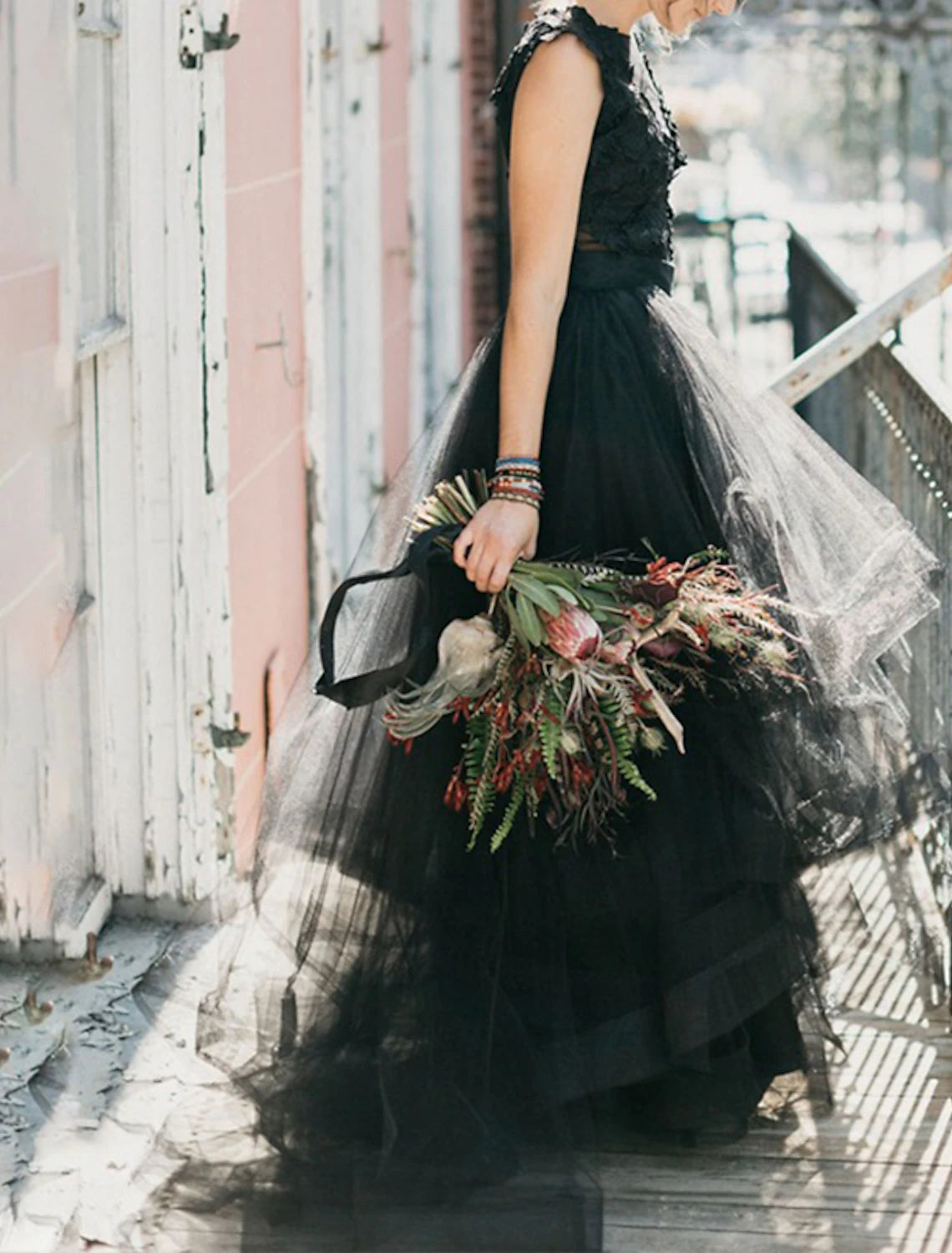 Engagement Gothic Black Wedding Dresses Formal Fall A-Line Illusion Neck Sleeveless Sweep / Brush Train Lace Bridal Gowns With Appliques Cascading Ruffles Halloween Wedding Party