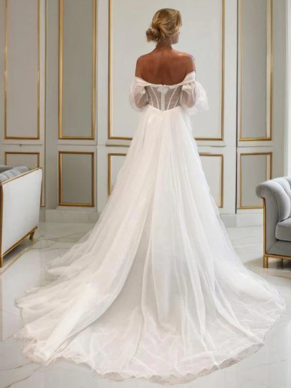 A-shaped Sweetheart Long sleeved Church Trailing Tulle Tight Corset Wedding Dress Off Shoulder With Slit