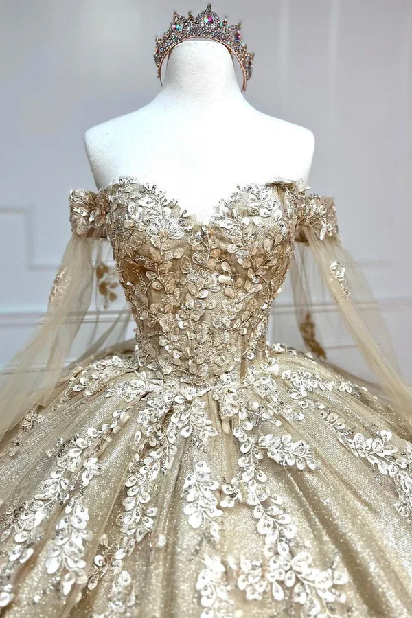 Charming Golden Sweetheart Ball Dress with Cloak Sleeves Adult Dress Quinceanera Dress