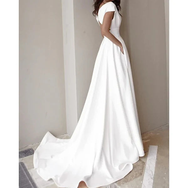 A-line/Princess V-neck Cap Sleeve Wedding Dress Split Front Sweeping/Brush Tail Sexy Evening Dresses