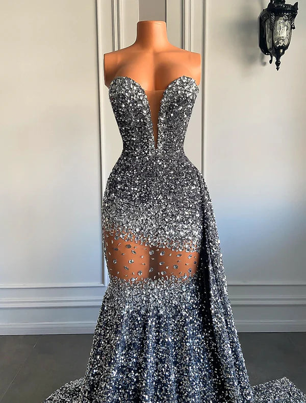 Mermaid / Trumpet Evening Gown Sparkle & Shine Dress Carnival Formal Court Train Sleeveless Strapless African American Sequined with Beading