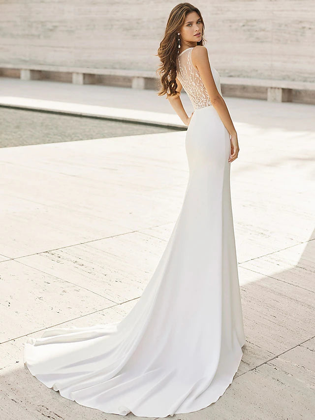Beach Open Back Wedding Dresses Court Train Mermaid / Trumpet Sleeveless V Neck Satin Bridal Suits