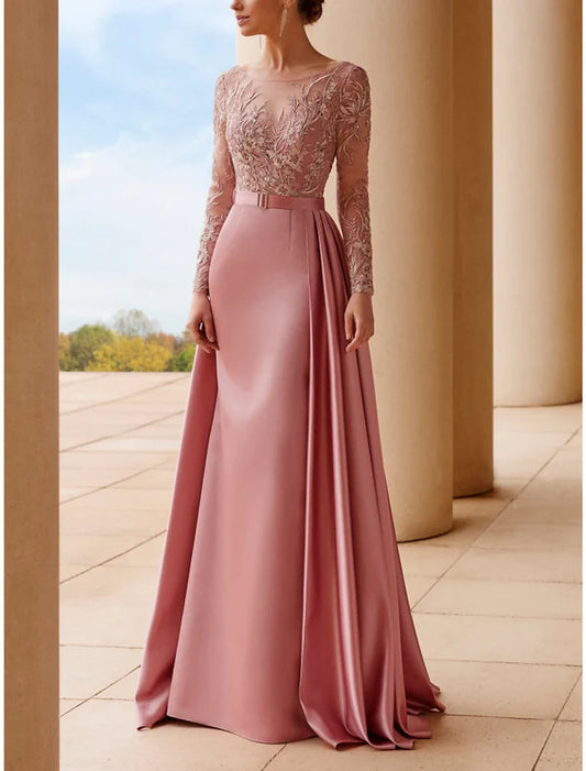 A-Line Mother of the Bride Dress Wedding Guest Elegant Scoop Neck Sweep / Brush Train Stretch Satin Long Sleeve with Lace Sash / Ribbon Ruching Evening Dresses
