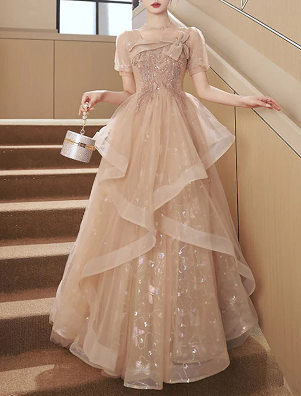 A-Line Party Dresses Sparkle & Shine Dress Wedding Guest Prom Floor Length Short Sleeve Square Neck Tulle with Bow(s)