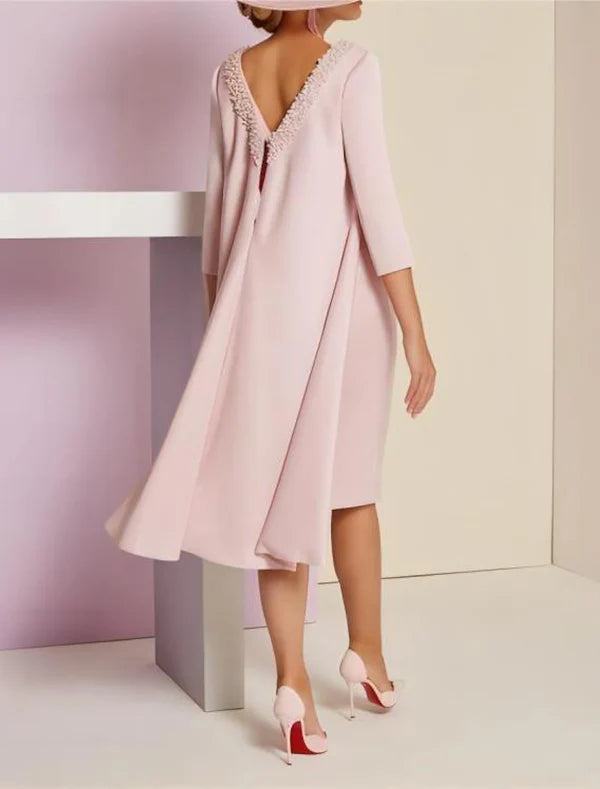 Two Piece Sheath / Column Mother of the Bride Dress Kentucky Derby Dresses Formal Wedding Guest Elegant Jewel Neck Knee Length Sequined Italy Satin 3/4 Length Sleeve with Beading