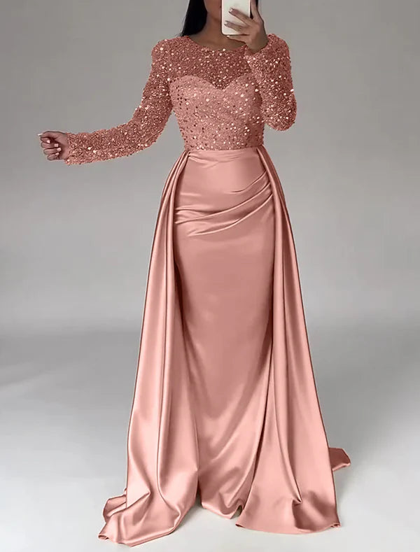 Mermaid Sequin Evening Gown Ruched Satin Dress Long Sleeves Floor Length Sparkle Illusion Neck Fall Wedding Guest Dress with Pearls