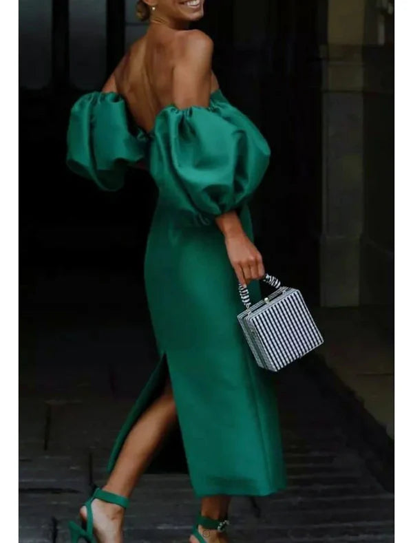 Sheath / Column Cocktail Dresses Backless Dress Wedding Guest Summer Tea Length Short Sleeve Square Neck Satin