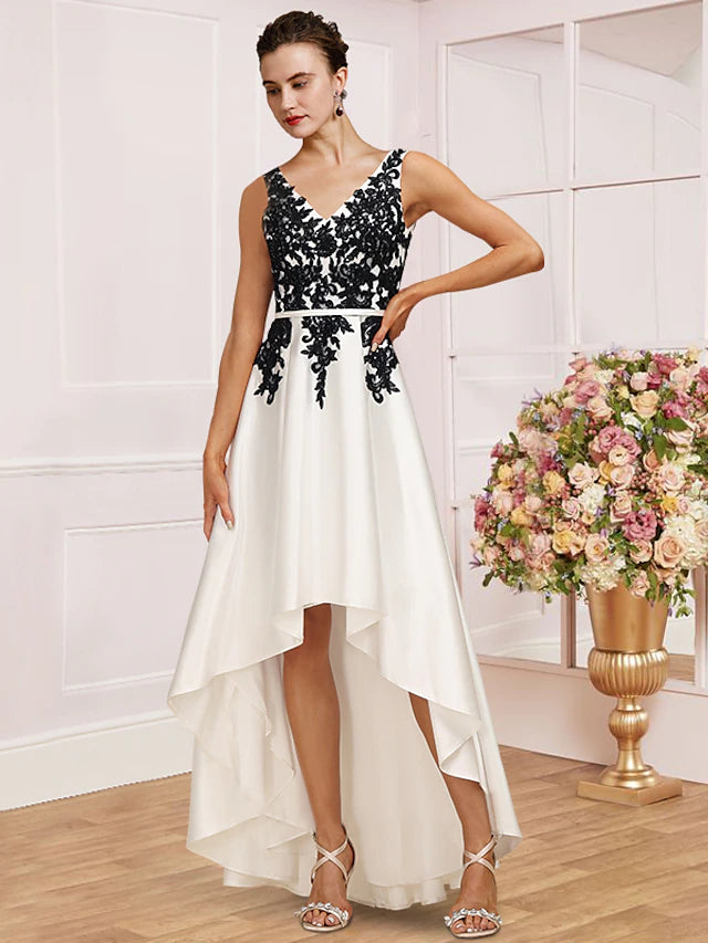 A-Line Mother of the Bride Dress Wedding Guest Party Elegant V Neck Asymmetrical Satin Lace Sleeveless