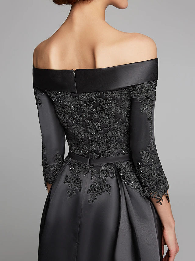 A-Line Mother of the Bride Dress Plus Size Sexy Off Shoulder Tea Length Satin Lace 3/4 Length Sleeve