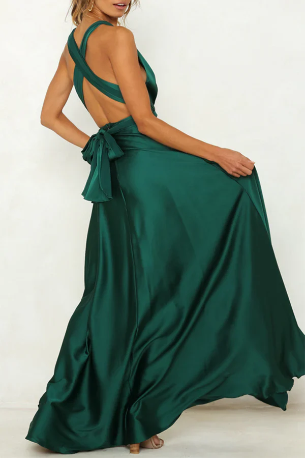 Elegant solid color backless shoulder strap V-neck evening dress Sexy