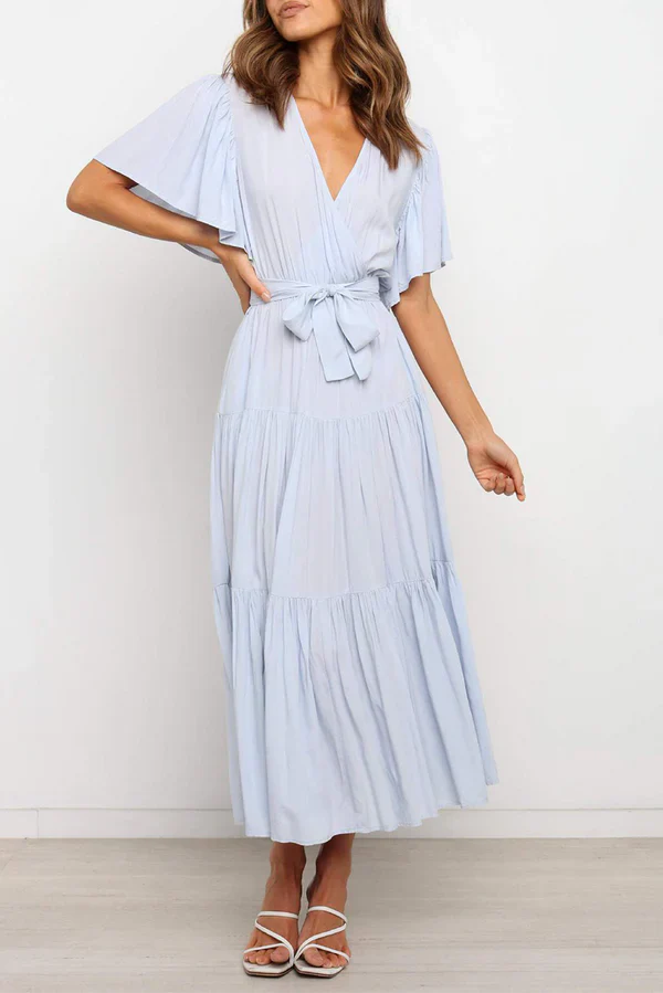 Leisure solid color patchwork V-neck cake dress evening dress Party Dress