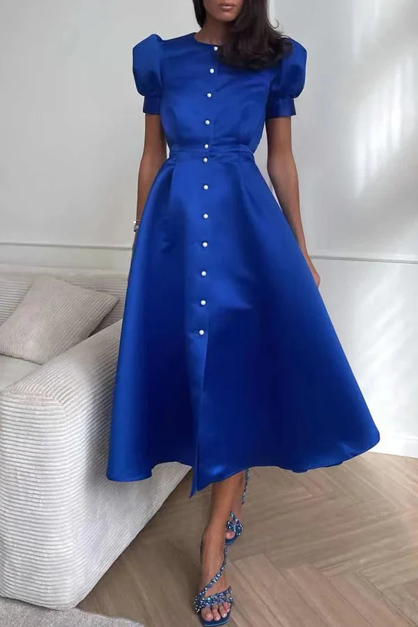 Elegant solid color buckle O-neck A-line short sleeved evening dress Party Dress