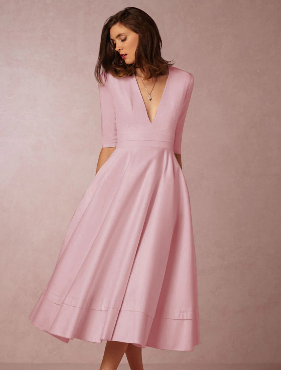 A-Line Special Occasion Dresses Party Dress Holiday Wedding Guest Tea Length Half Sleeve V Neck Pocket Jersey with Pleats White & Ivory