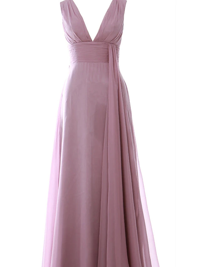 A-Line Wedding Guest Dresses Elegant Dress Party Wear Floor Length Sleeveless V Neck Chiffon