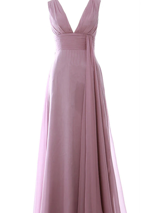 A-Line Wedding Guest Dresses Elegant Dress Party Wear Floor Length Sleeveless V Neck Chiffon