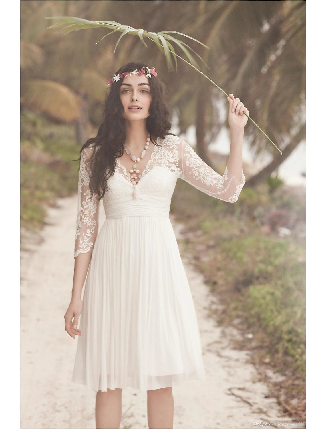 Reception Open Back Little White Dresses Wedding Dresses A-Line V Neck 3/4 Length Sleeve Knee Length Chiffon Bridal Gowns