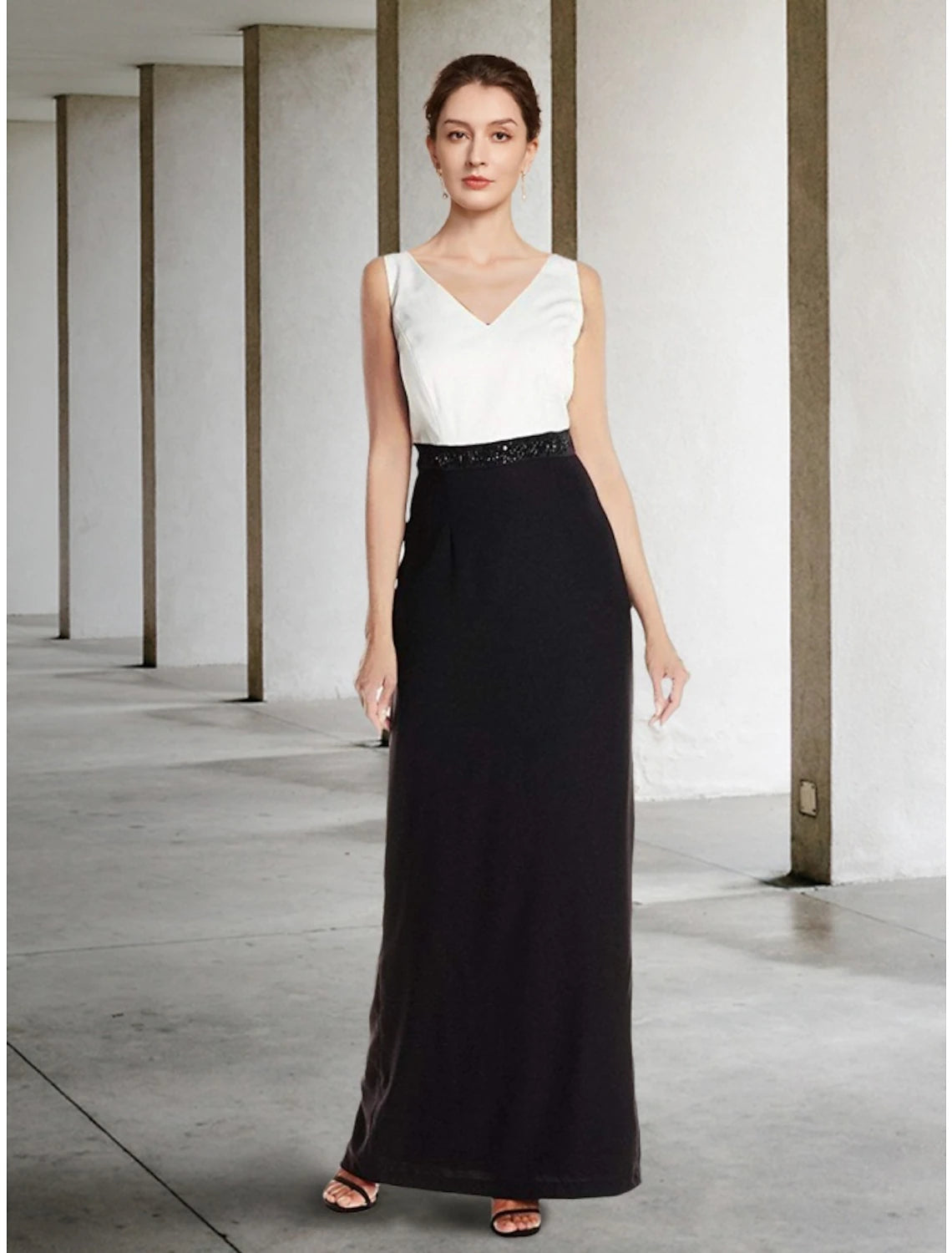 Two Piece Sheath / Column Mother of the Bride Dress Wedding Guest Elegant Black Dress V Neck Ankle Length Stretch Chiffon Half Sleeve with Sequin Split