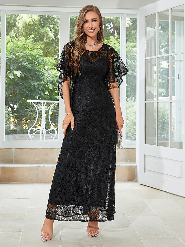 A-Line Wedding Guest Dresses Elegant Dress Party Wear Ankle Length Half Sleeve Jewel Neck Lace with Ruffles
