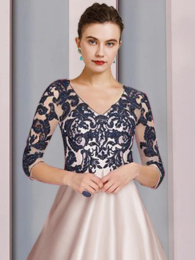 A-Line Mother of the Bride Dress Formal Church Party Elegant V Neck Tea Length Satin Lace 3/4 Length Sleeve