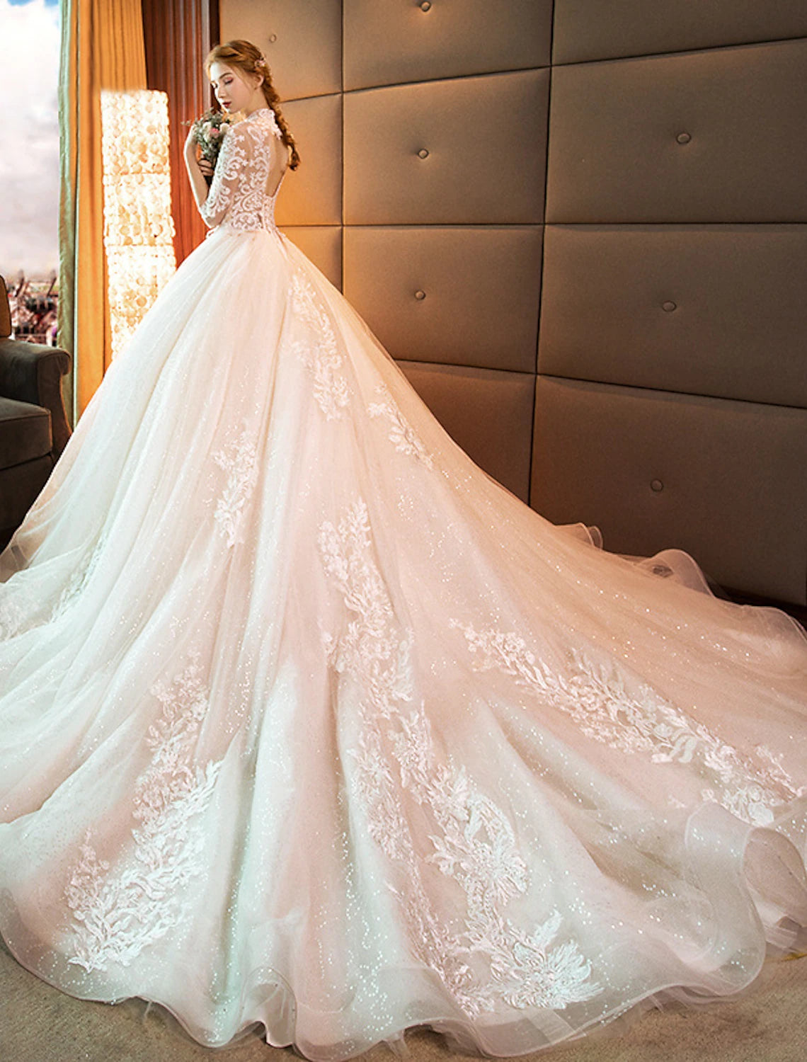 Engagement Sparkle & Shine Formal Wedding Dresses Ball Gown High Neck Long Sleeve Cathedral Train Lace Bridal Gowns With Sequin