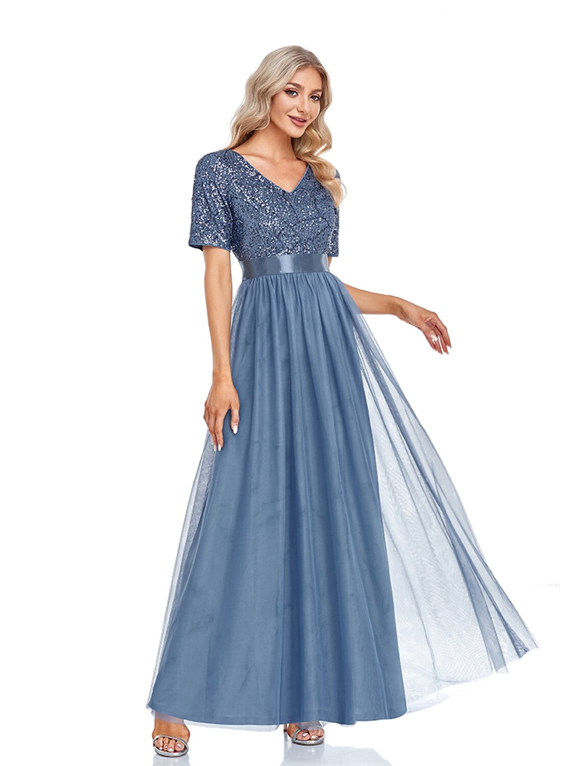 A-Line Evening Gown Elegant Dress Wedding Guest Floor Length Short Sleeve V Neck Tulle with Sequin