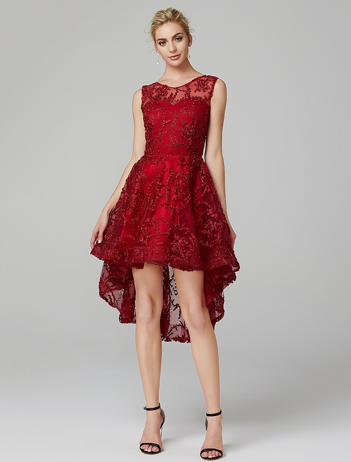 A-Line Hot Dress Wedding Guest Cocktail Party Asymmetrical Sleeveless Illusion Neck Tulle