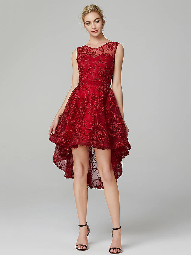 A-Line Hot Dress Wedding Guest Asymmetrical Sleeveless Illusion Neck Tulle