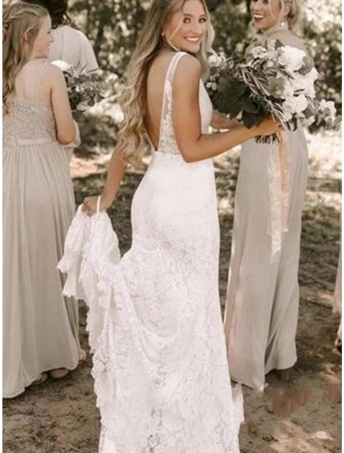 Reception Formal Wedding Dresses Mermaid / Trumpet V Neck Sleeveless Court Train Lace Bridal Gowns